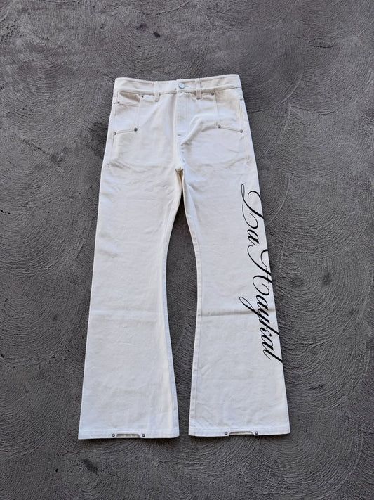 "Static" White Script Denim